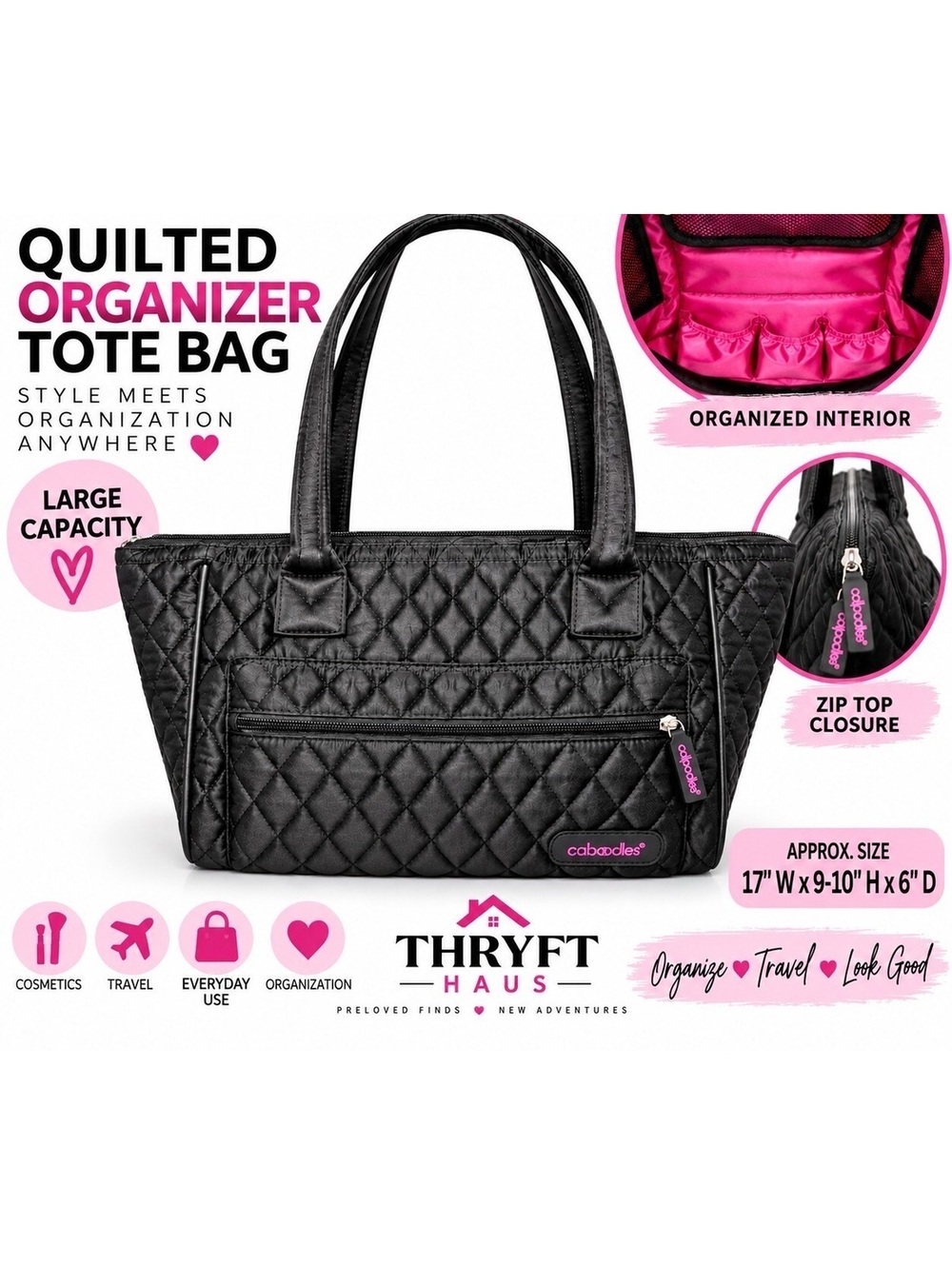 Caboodles Quilted Organizer Tote Makeup Bag Black Pink Zip Closure Pockets